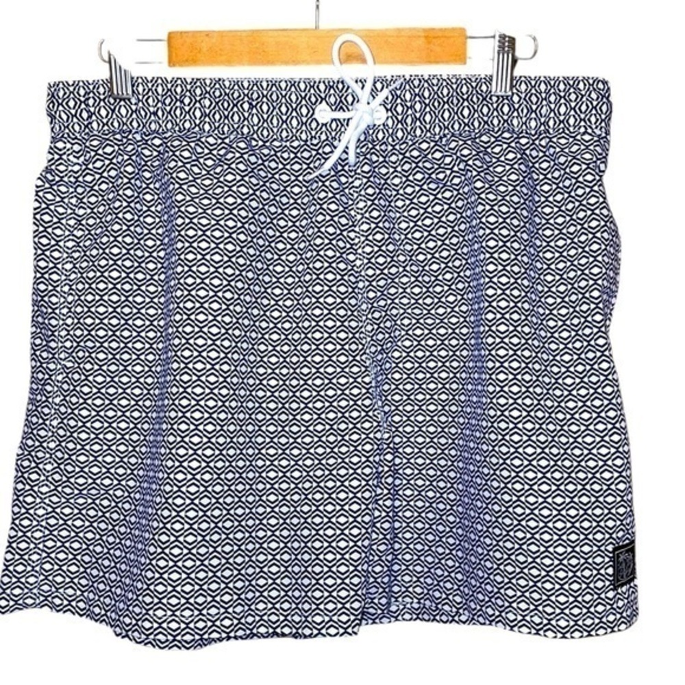 SHEIN Navy Blue & White Print Swim Shorts Trunks with Mesh Brief